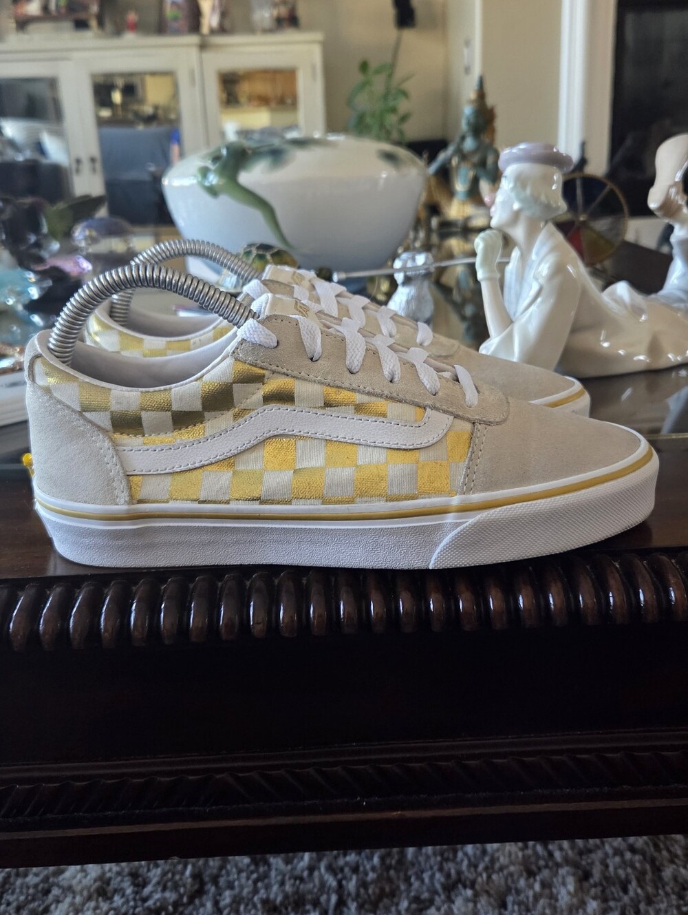 Vans Womans Checkerboard Low-Top Sneakers in Yellow and White